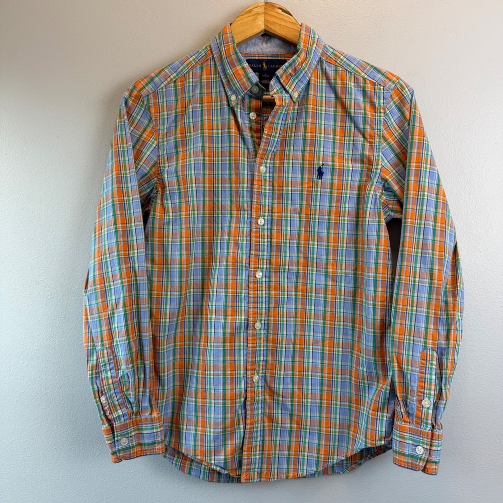 Ralph Lauren Boys Orange Blue Plaid Button Down Shirt Size L 14-16 Long Sleeve